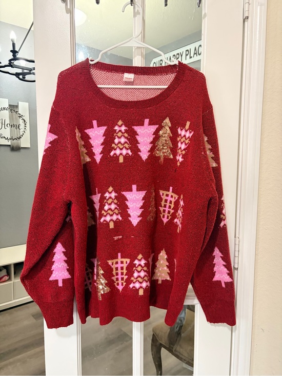 Holiday Time Sweaters - Holiday Time Red Knit Sweater with Pink and Gold Tree Motifs
